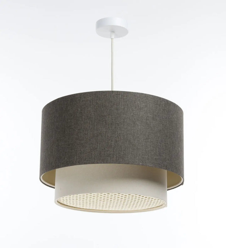 Suspension luminaire duo rattan graphite avec double abat-jour en tissu gris foncé texturé et anneau intérieur crème perforé