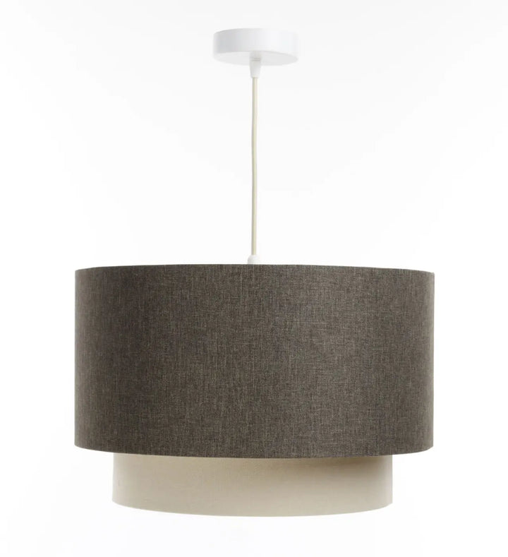 Suspension luminaire graphique duo rattan avec abat-jour en tissu charbon texturé et base crème suspendue par cordon blanc