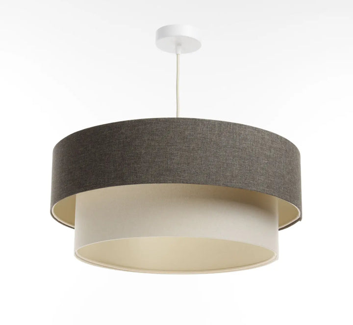 Suspension luminaire duo boho elegant avec abat-jour texturé tissu graphite charbon et doublure crème lisse style moderne