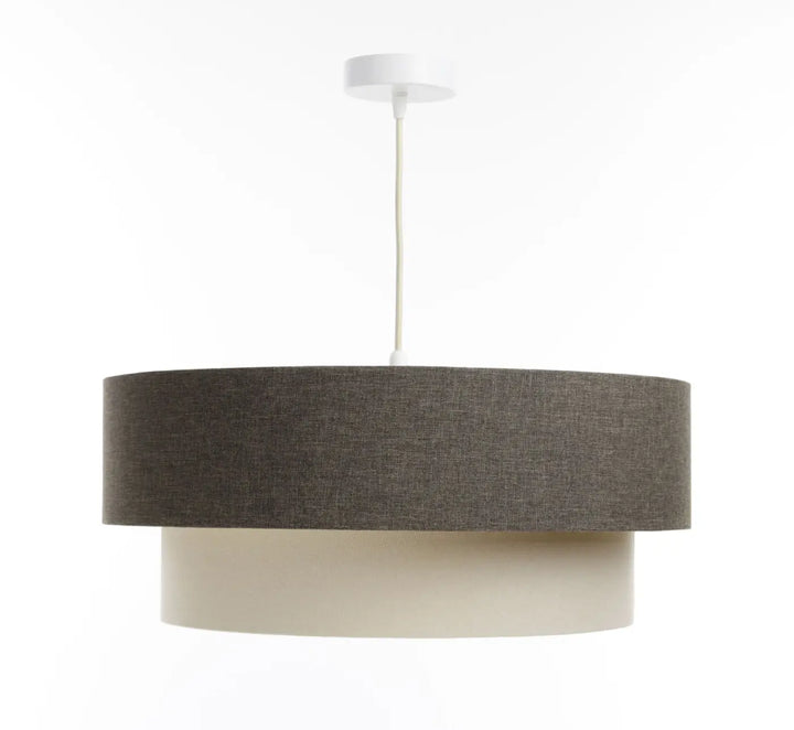 Suspension luminaire duo boho élégant avec abat-jour supérieur tissu graphite texturé et inférieur crème lisse suspendu par cordon blanc