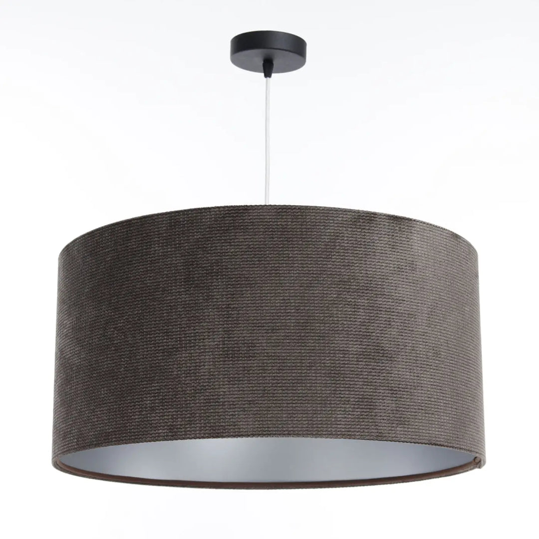 Suspension luminaire glamour structural velour avec abat-jour en tissu gris marron et support de plafond noir élégant