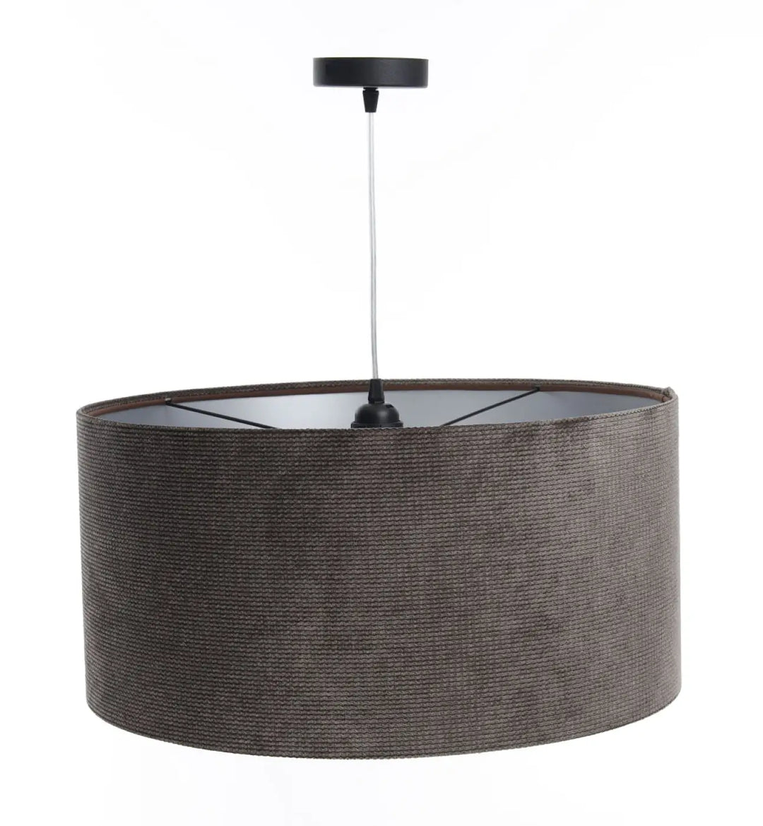 Suspension luminaire en tissu gris marron avec abat-jour tissé gris foncé et fixation plafond en métal noir