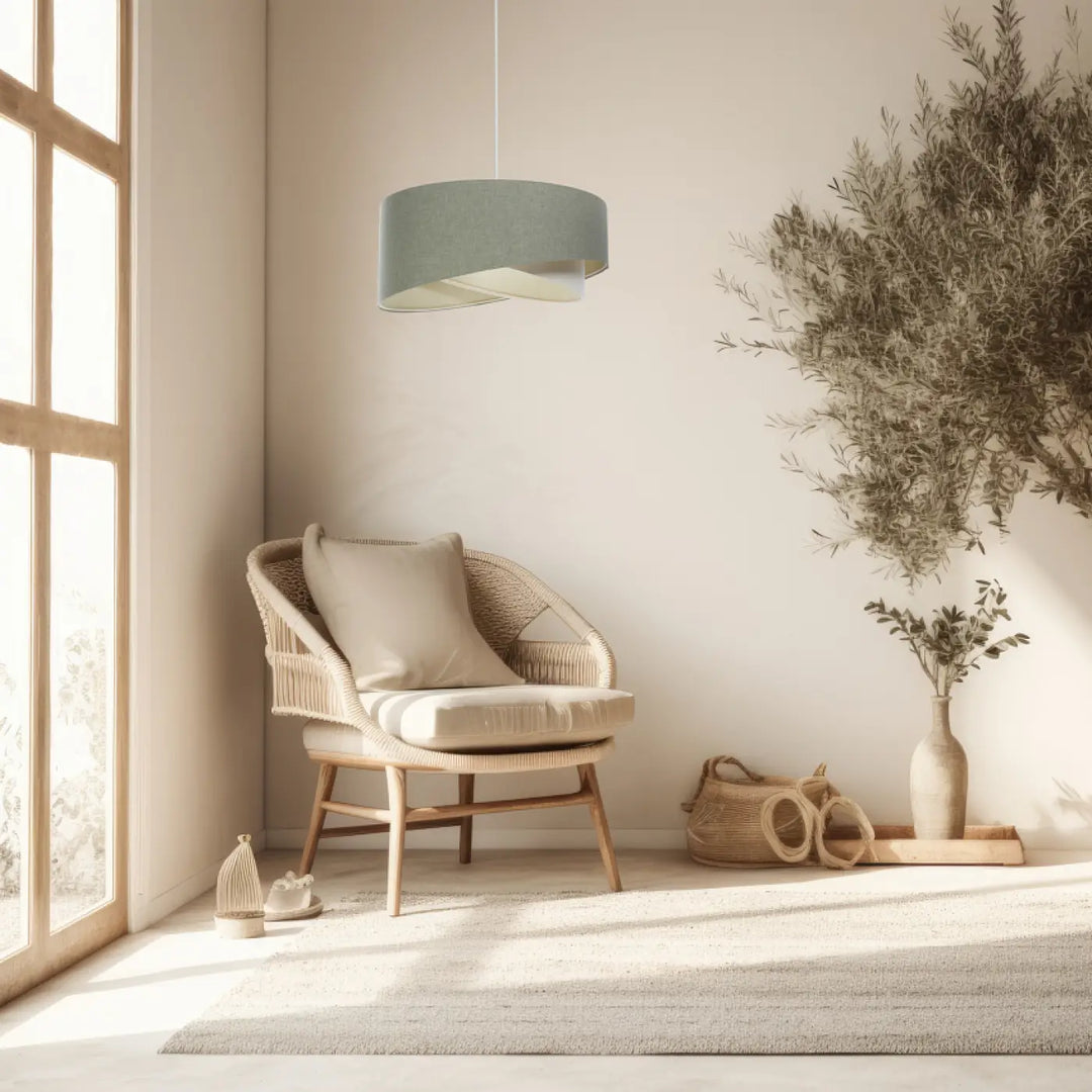 Suspension luminaire cylindrique en tissu gris vert avec finition texturée suspendue au plafond galaxie boho élégant