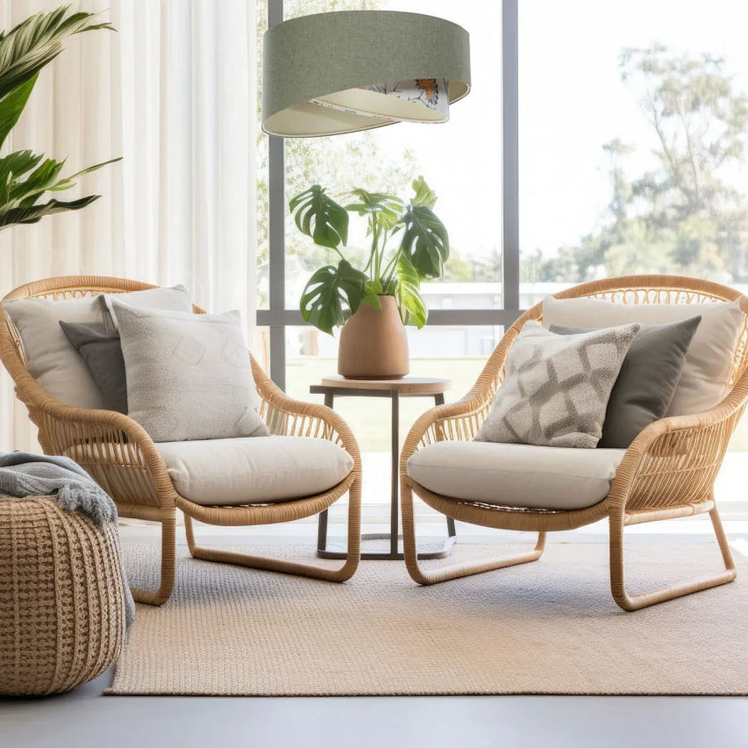 Paire de fauteuils en osier tressé avec coussins beige et housses gris vert tissu gris vert pour suspension luminaire galaxy boho elegant