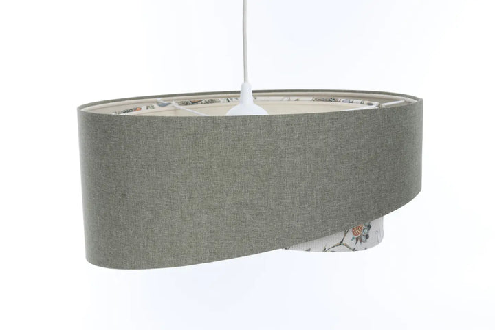 Suspension luminaire galaxie boho élégant en tissu gris vert avec motif floral discret sur la doublure intérieure
