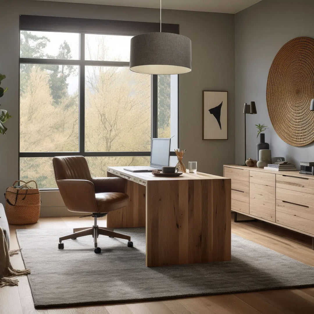 Fauteuil de bureau en cuir marron avec base étoile à cinq branches et roulettes pour suspension luminaire marron gris