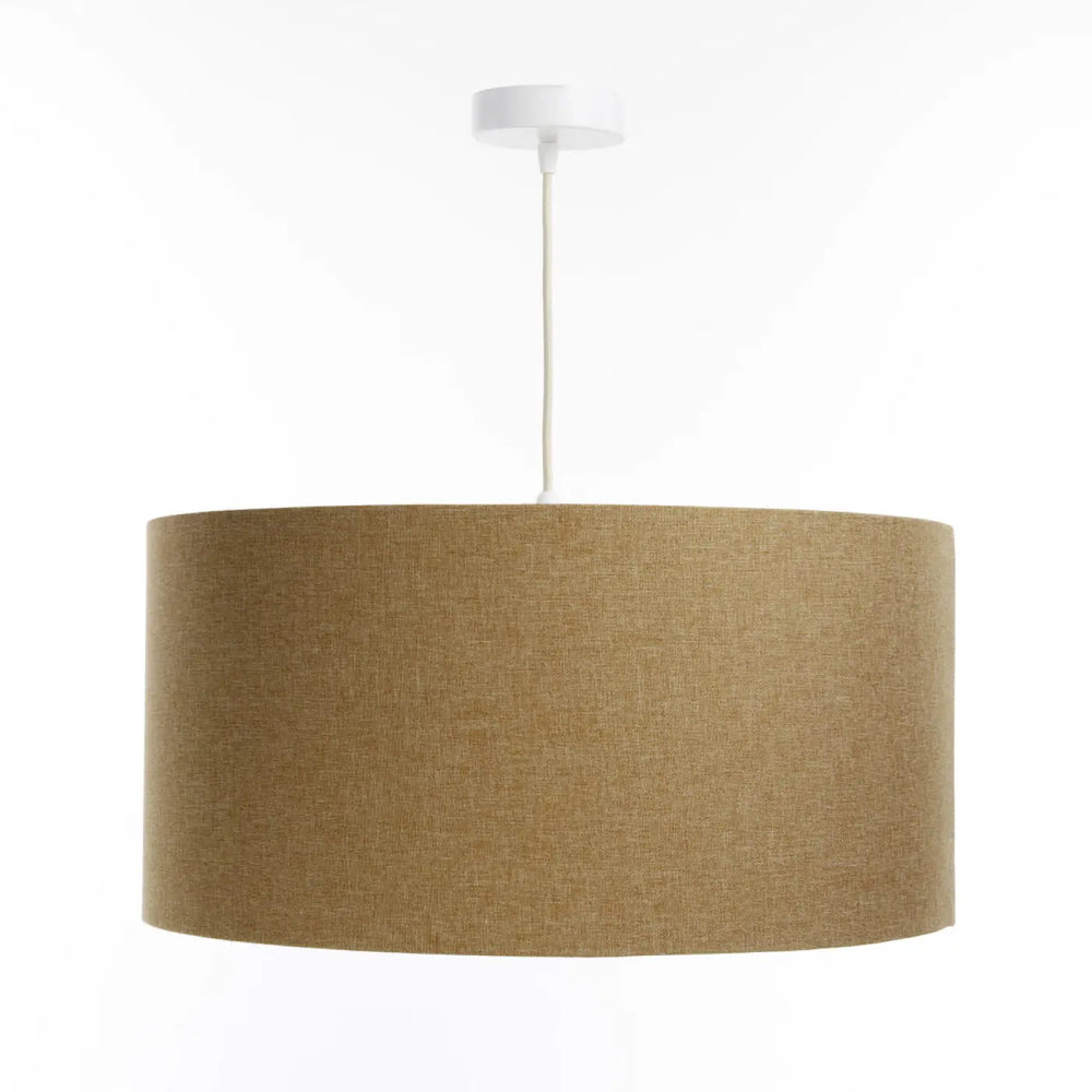 Suspension luminaire avec abat-jour cylindrique tissu marron sable et fixation plafond blanche