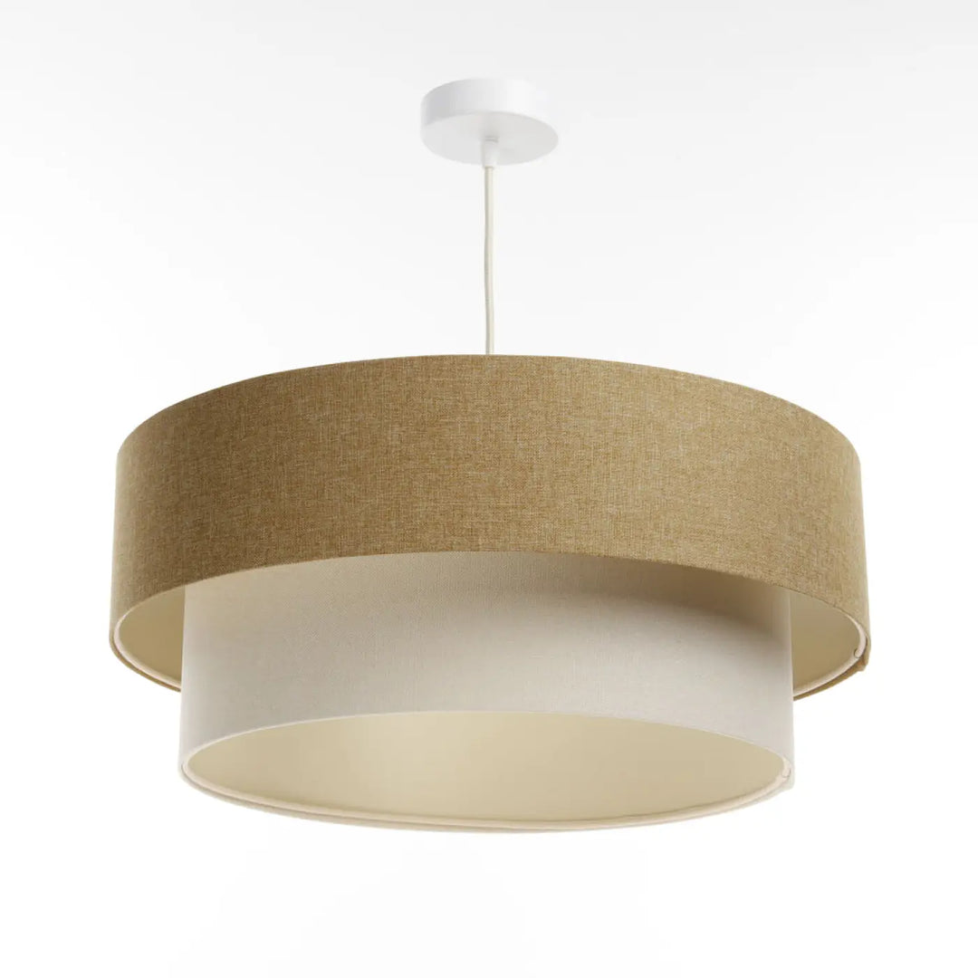 Suspension luminaire duo boho elegant en tissu moutarde crème écru avec abat-jour texturé beige et blanc style moderne