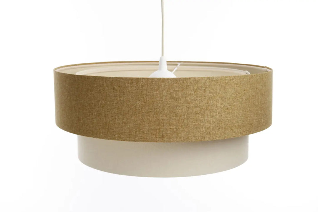Suspension luminaire duo boho élégant à deux niveaux avec abat-jour en tissu moutarde texturé et base lisse crème
