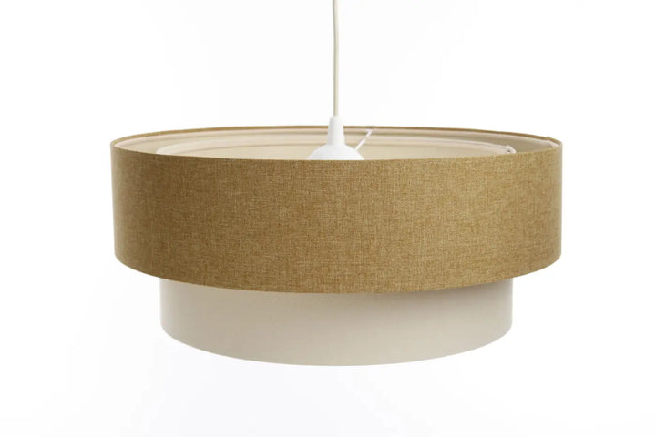 Suspension luminaire duo boho élégant à deux niveaux avec abat-jour en tissu moutarde texturé et base lisse crème