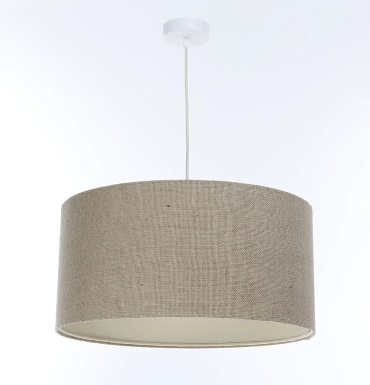 Suspension luminaire beige en tissu taupe minimaliste chic avec abat-jour cylindrique et doublure blanche