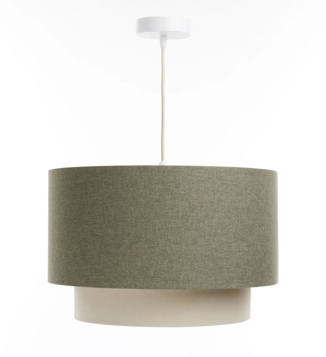 Suspension luminaire duo rattan avec abat-jour en tissu vert gris texturé et base crème suspendue par cordon blanc