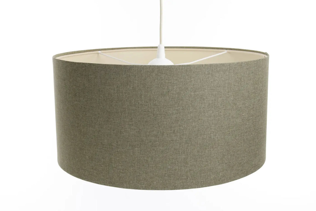 Suspension luminaire boho elegant vert gris en tissu vert avec abat-jour cylindrique vert olive à intérieur écru