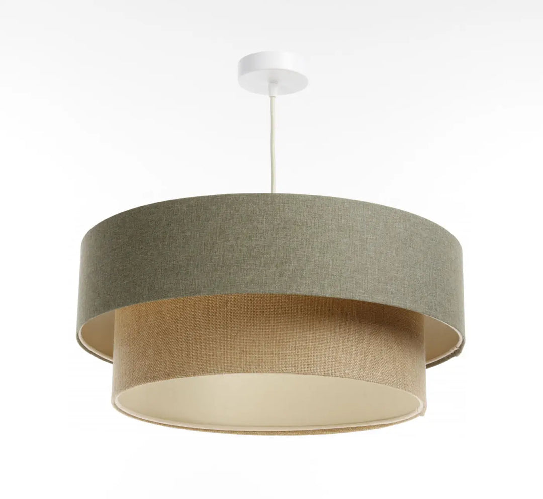 Suspension luminaire duo boho elegant avec abat-jour tissu vert gris tissé et beige naturel en deux niveaux moderne