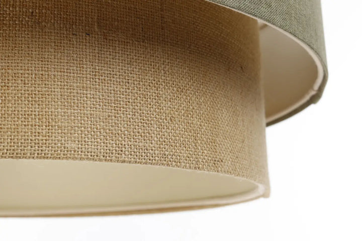 Suspension luminaire duo boho elegant beige en tissu vert gris avec abat-jour en burlap beige et doublure intérieure vert olive