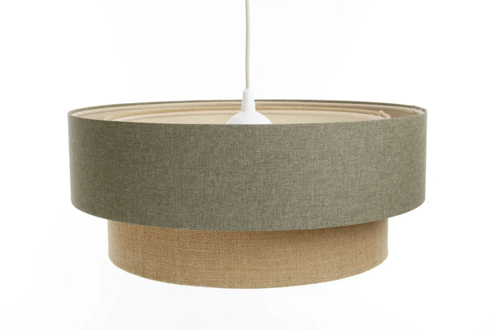 Suspension luminaire duo boho elegant avec abat-jour supérieur vert gris texturé et tissu naturel beige ecru