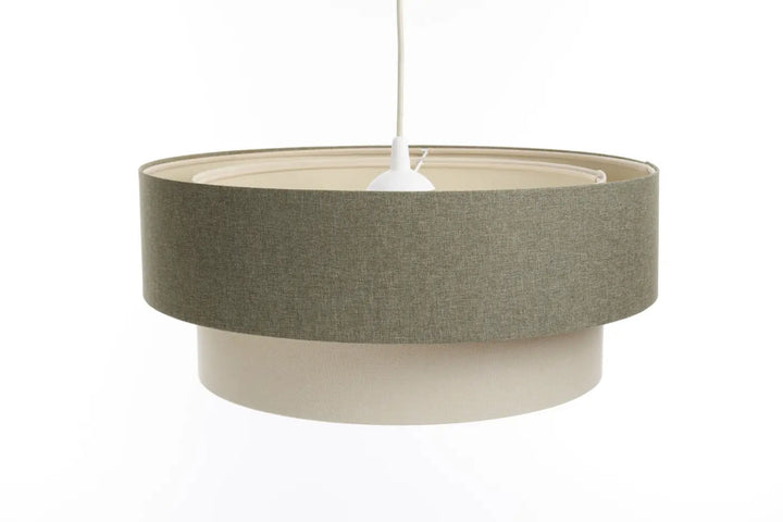 Suspension luminaire duo boho elegant avec abat-jour en tissu vert gris texturé et base crème élégante