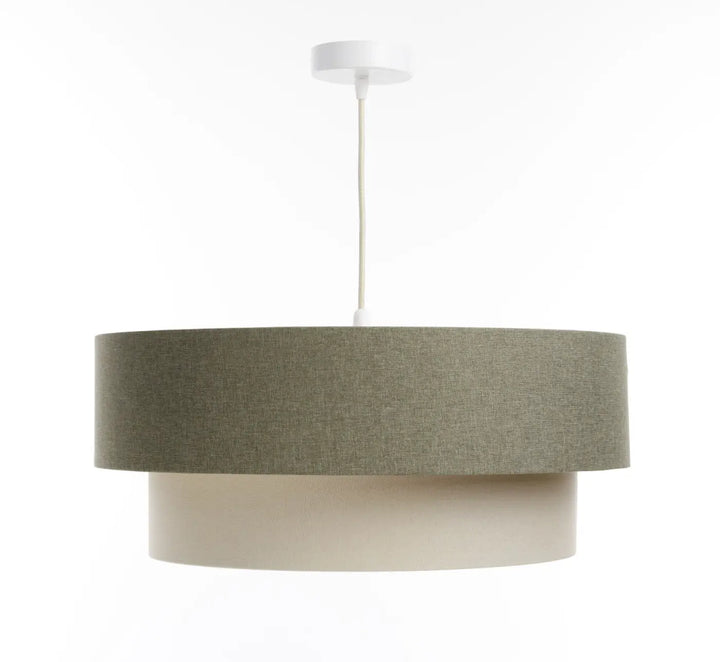 Suspension luminaire duo boho elegant avec abat-jour vert gris tissu et crème suspendue par cordon blanc