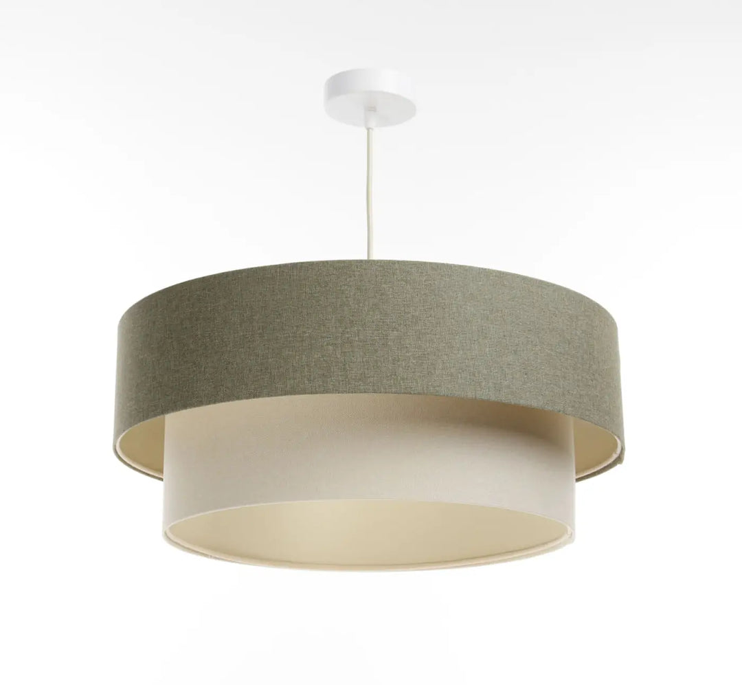 Suspension luminaire duo boho elegant avec abat-jour tissu vert gris texturé vert gris crème suspendue par câble blanc