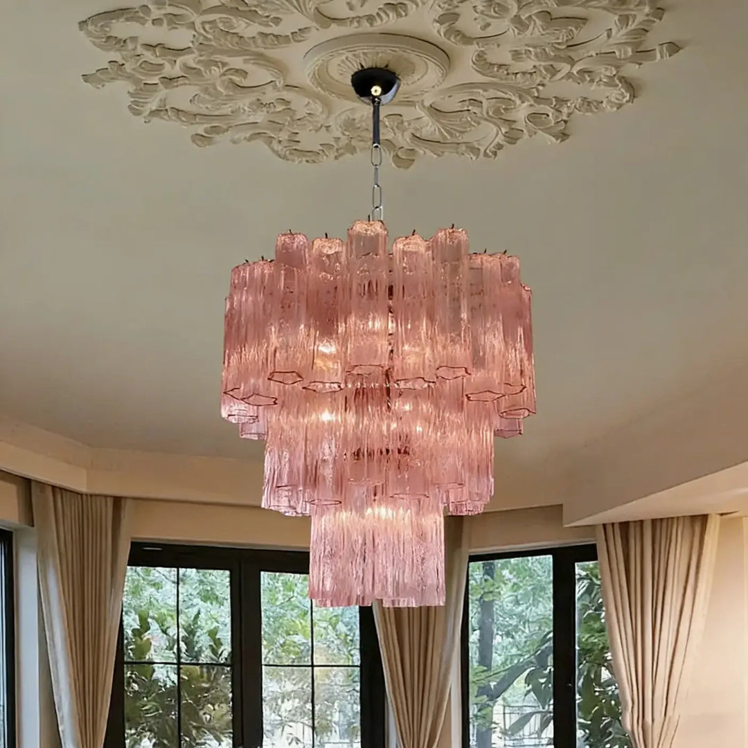 Suspension luminaire pinky en verre rose à plusieurs étages avec design texturé pour salle à manger élégante