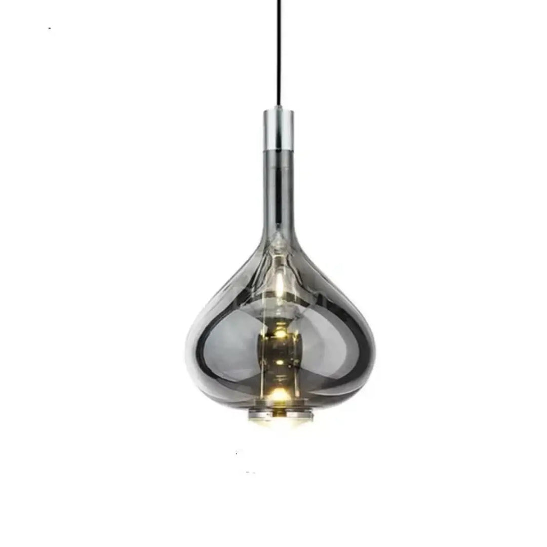 Suspension luminaire elys avec verre soufflé en forme de goutte et effet fumé avec finition chrome métallique