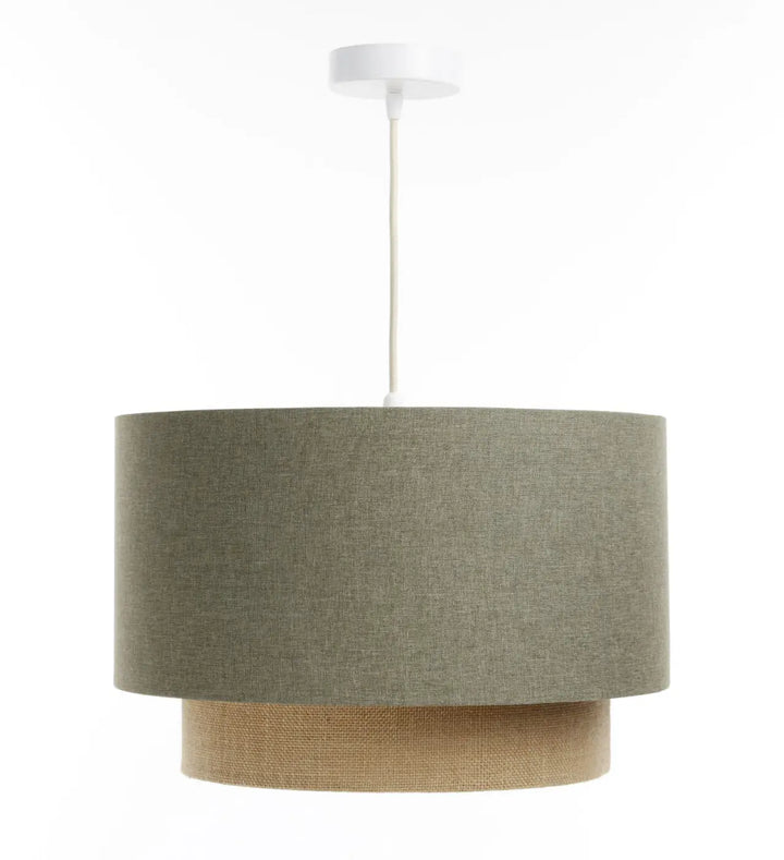 Suspension luminaire duo boho elegant vert gris et beige à deux étages en tissu texturé et jute naturel suspendue