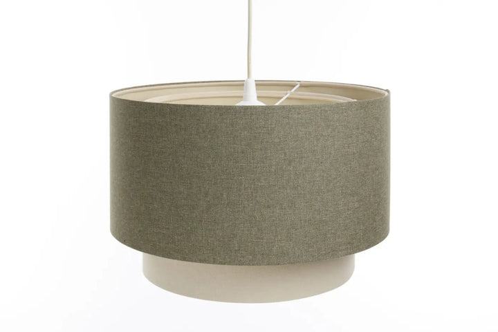 Suspension luminaire vert gris duo boho élégant en tissu texturé olive avec base blanche et câble suspendu