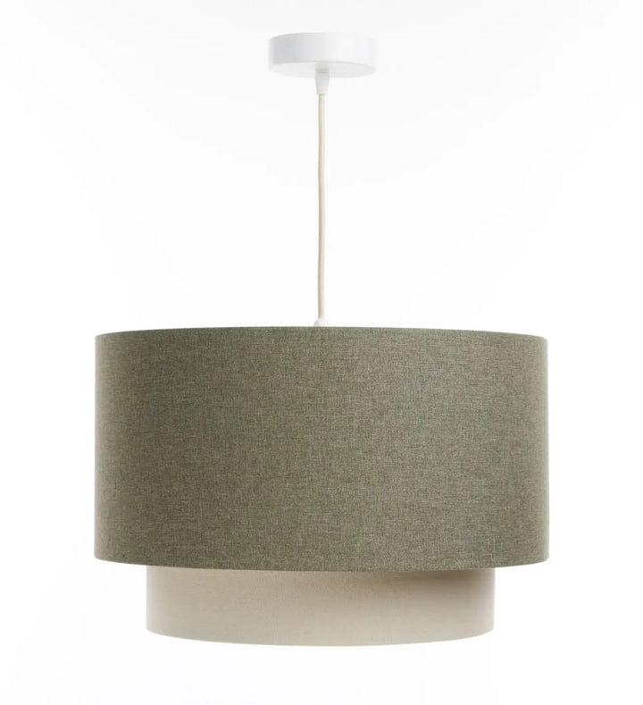 Suspension luminaire duo boho elegant vert gris avec abat-jour en tissu texturé et base crème suspendue par cordon blanc