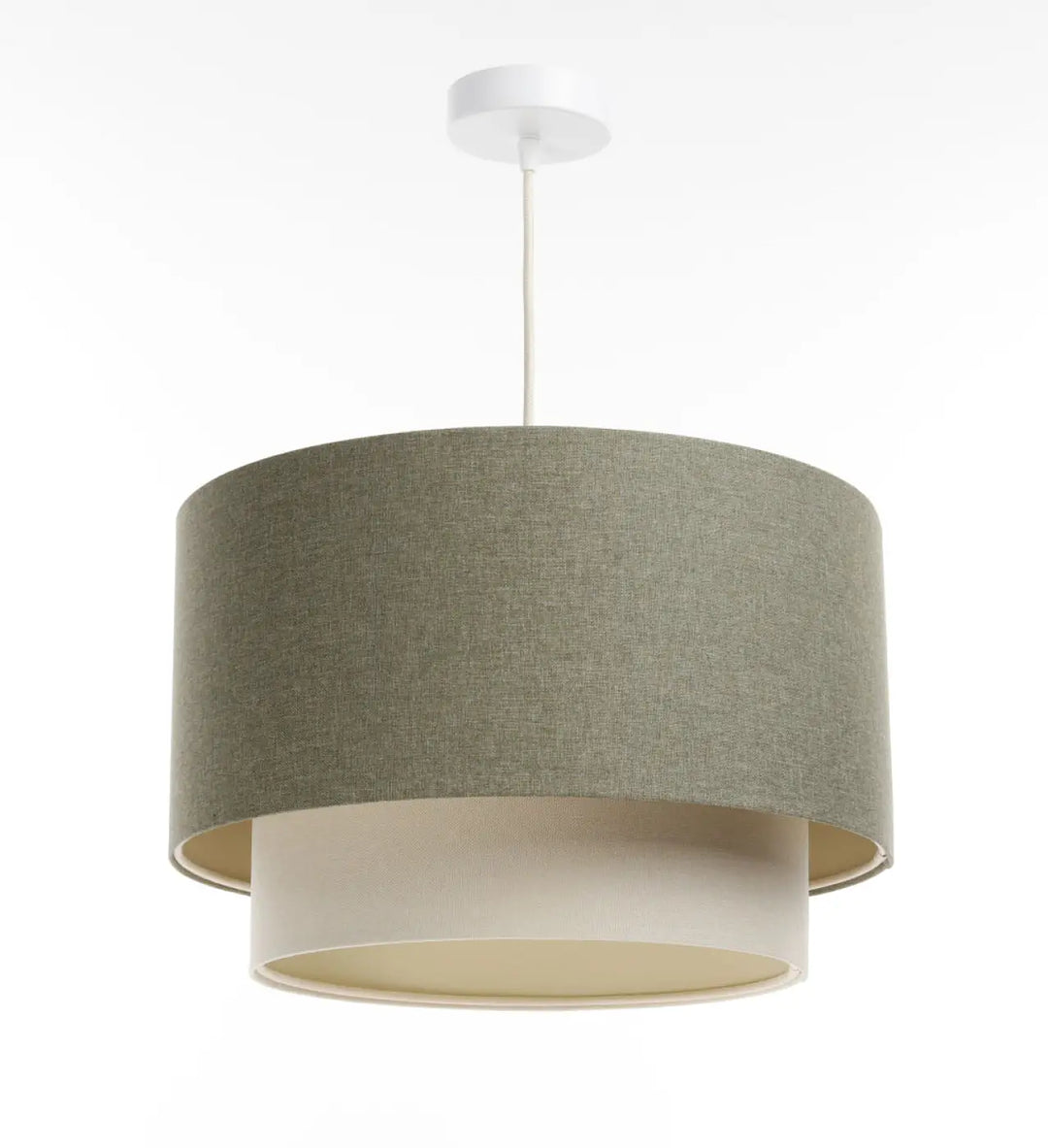 Suspension luminaire vert duo boho elegant avec abat-jour texturé vert sauge et doublure crème lisse