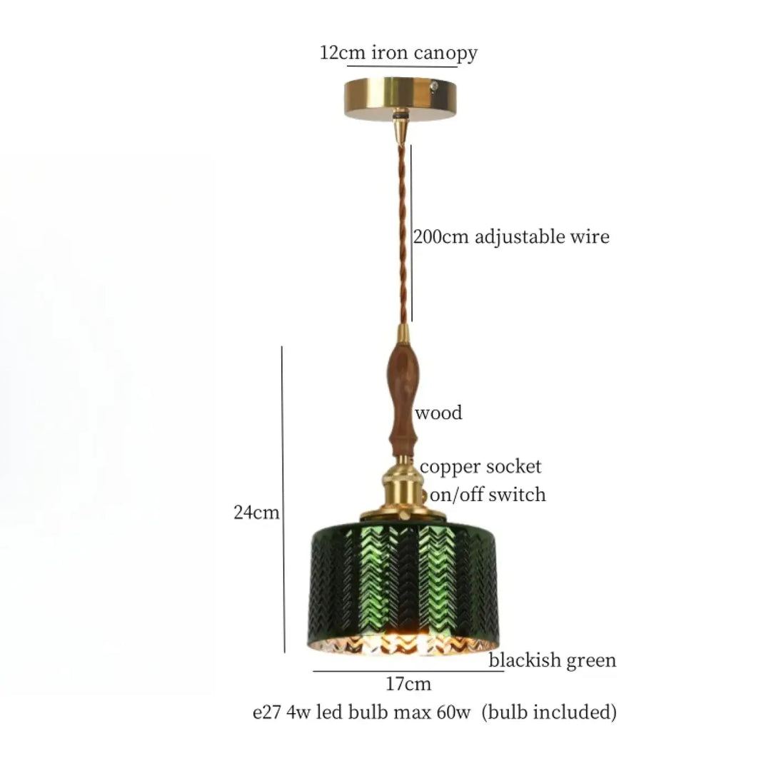 Suspension vert foncé avec détail cuivre et bois chic