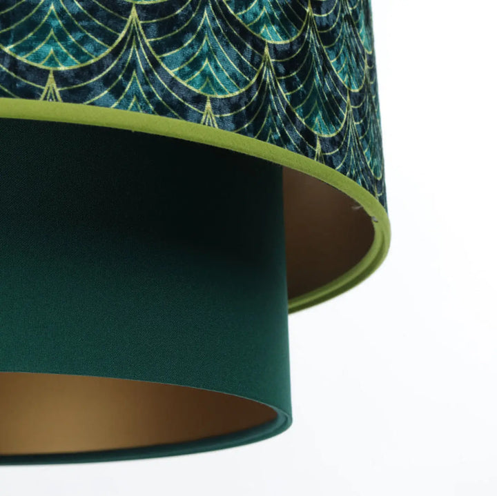 Suspension luminaire doblo verte avec abat-jour drum superposé en velours bleu sarcelle or art déco et intérieur cuivre