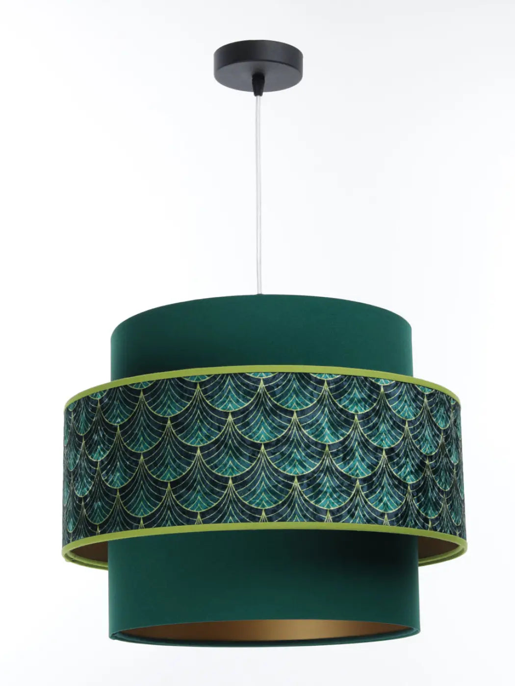 Suspension luminaire doblo verte double étage émeraude avec bande art déco scallopée teal et dorée