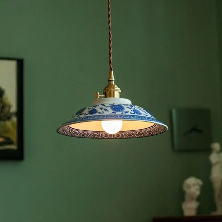 Suspension luminaire vintage en céramique bleue style raffiné