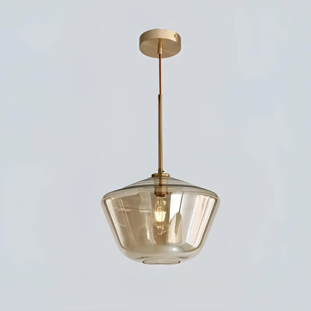 Suspension luminaire glazia avec cadre en métal doré et abat-jour en verre transparent ambré large
