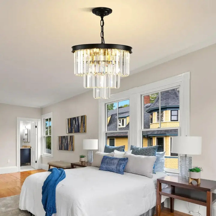 Suspension lustre cascade moderne verre cristal noir doré