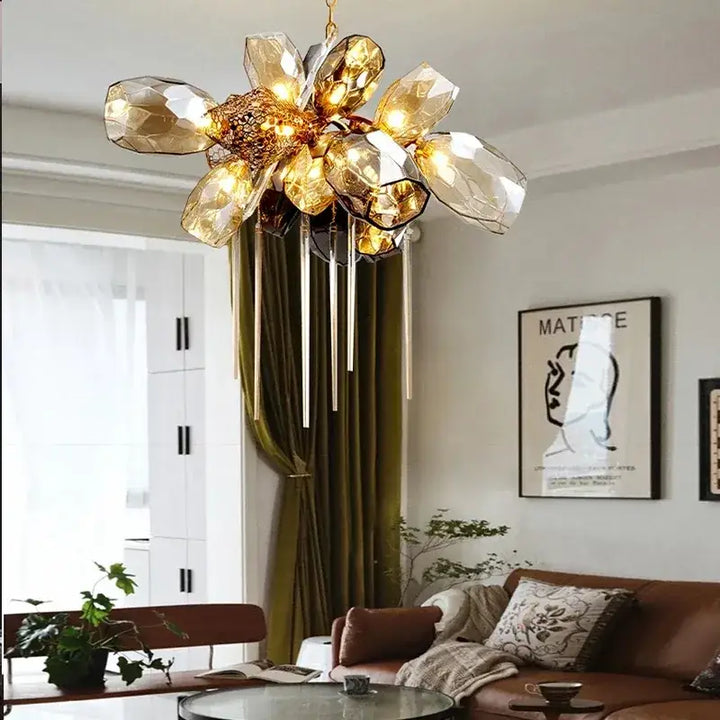 Suspension Luxueuse Design Floral Verre Doré Élégant Chic
