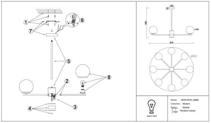 Suspension marble avec trois globes en verre et structure dorée pour éclairer élégamment au-dessus d’une pièce