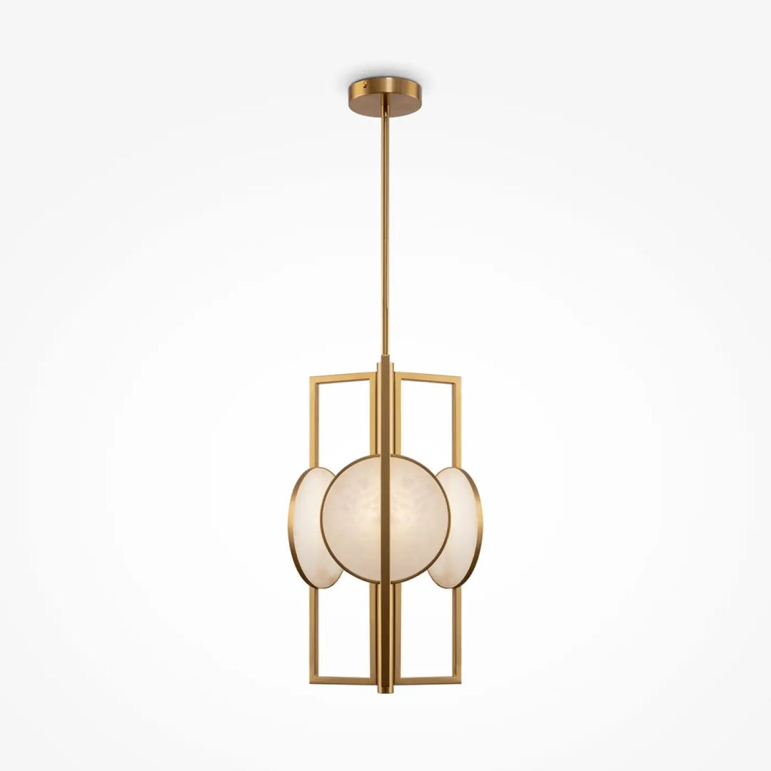 Suspension luminaire marmo en métal doré acier doré avec pendants géométriques et orbes de verre dépoli art déco