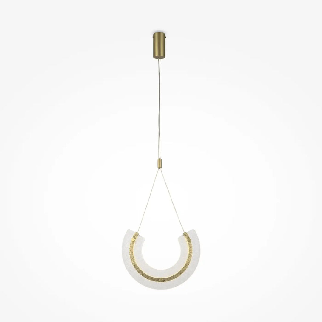 Suspension maya en verre plié avec corps blanc incurvé et bande métallique en acier doré, fixation plafond laiton