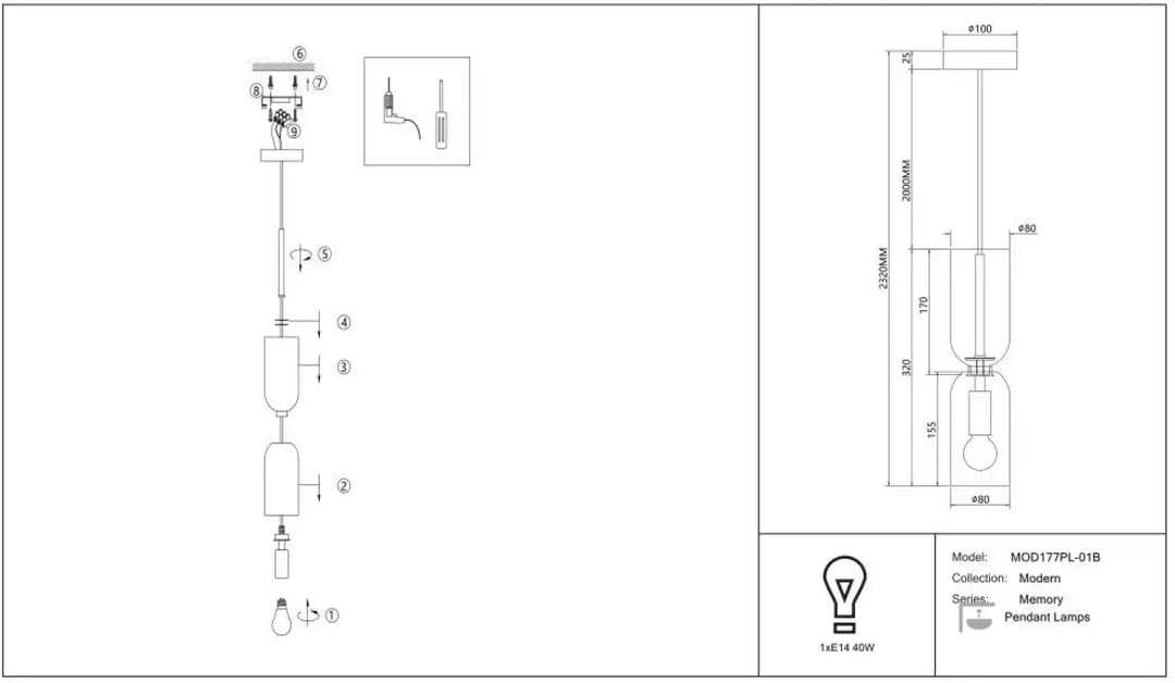 Suspension luminaire memory petit tube avec deux abat-jours cylindriques en verre bicolore et ampoule apparente