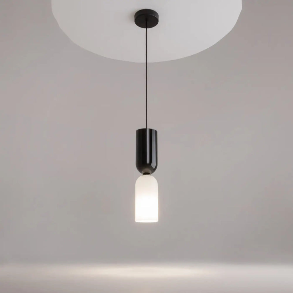 Minimalist suspension memory pendant light with frosted glass bulb and sleek black petit tube bicolore shade