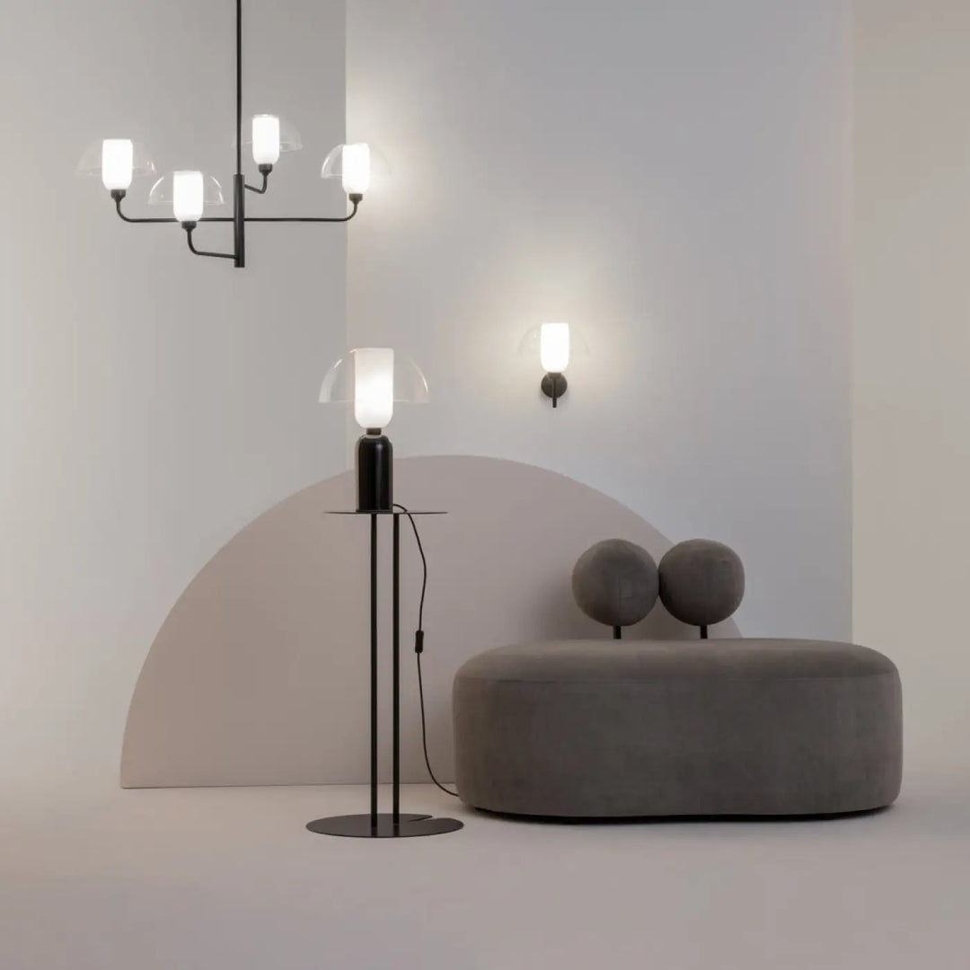 Suspension memory en acier noir avec verre blanc, design minimaliste et abat-jour en verre dépoli