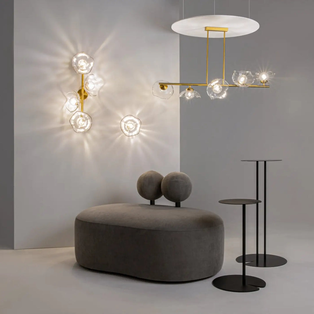 Suspension miracle cinq diffuseurs en verre transparent et barre dorée moderne pour éclairage élégant