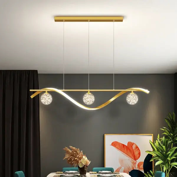 Suspension moderne à vague métallique et boules lumineuses


