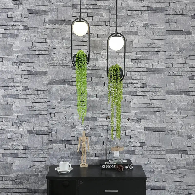 Suspension Moderne Anneau Noir avec Plante Artificielle et Globe LED