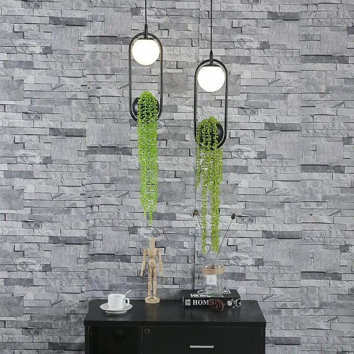 Suspension Moderne Anneau Noir avec Plante Artificielle et Globe LED