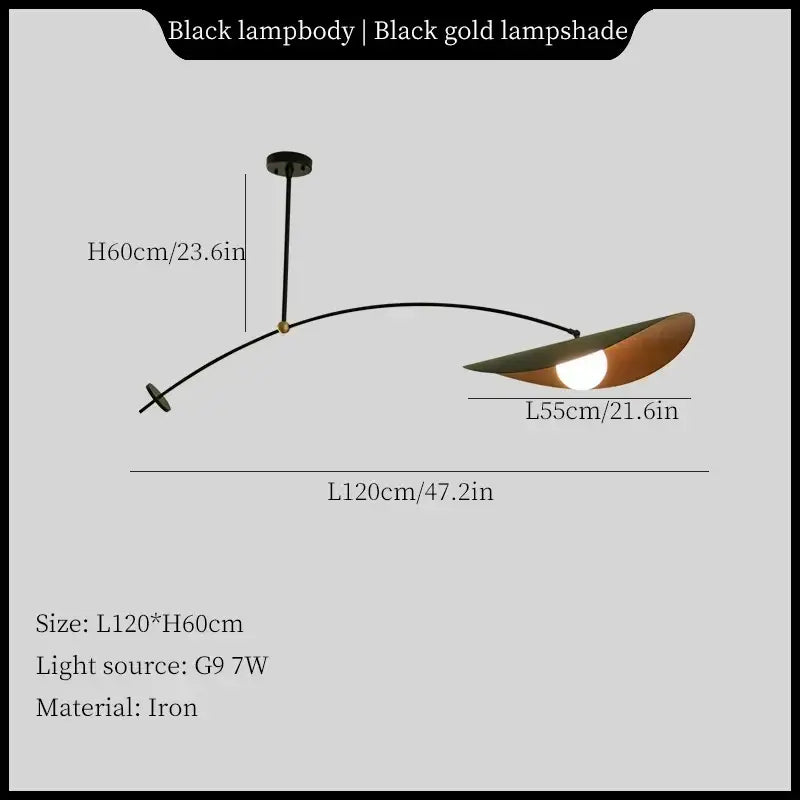 Suspension moderne en arc noir avec abat jour doré chic