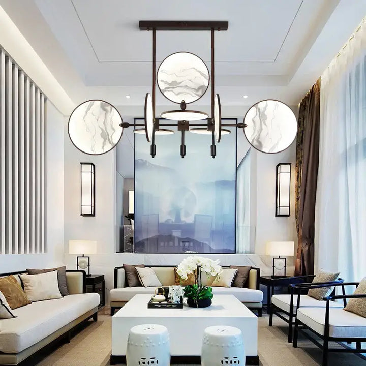 Suspension Moderne Dorée Avec Disques Marbre Élégants