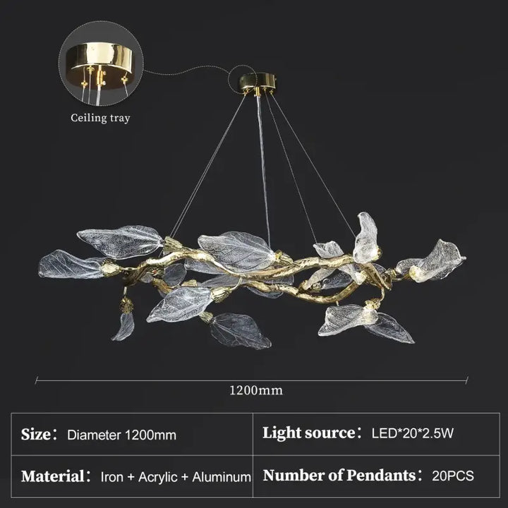 Suspension moderne feuilles verre et métal doré élégant