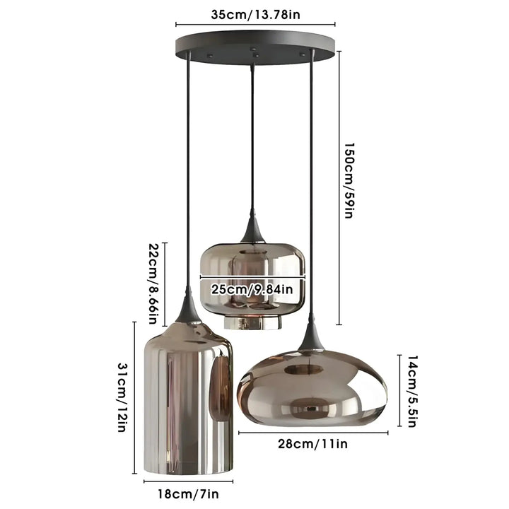 Suspension moderne en verre fumé brun à trois lumières design
